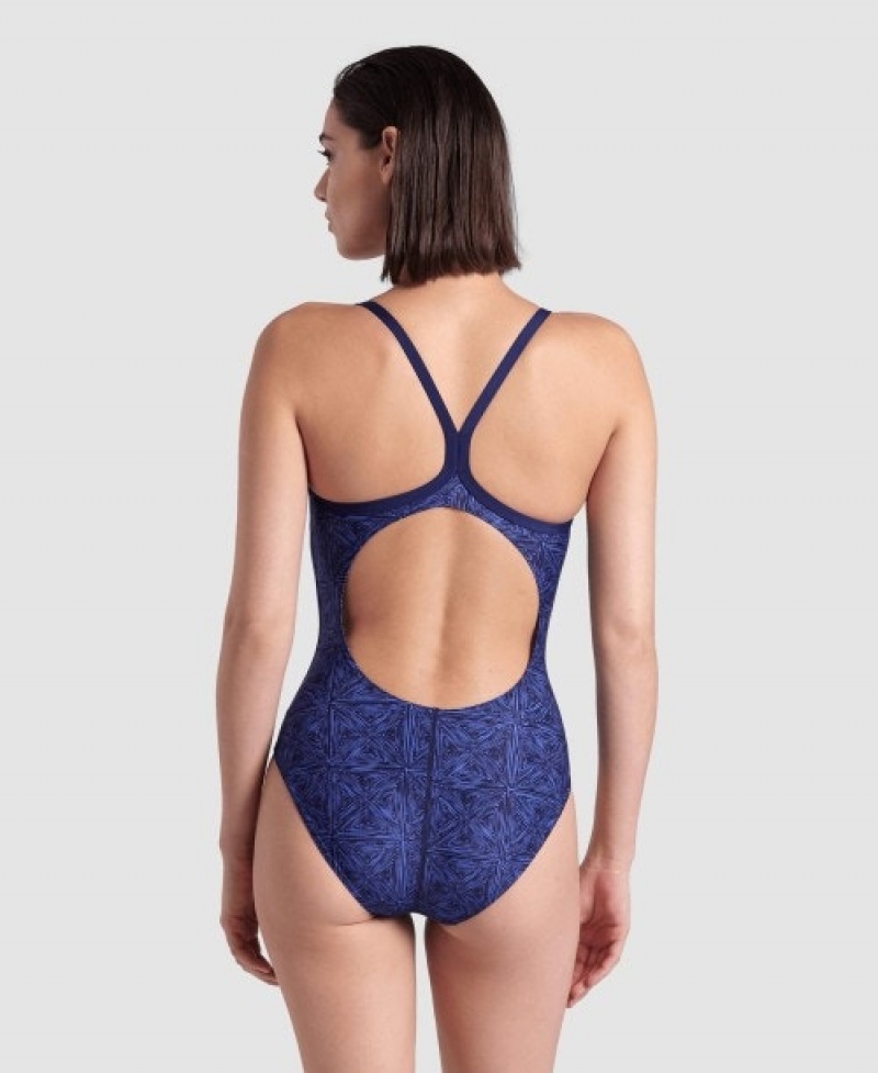 Navy Arena Abstract Tiles Light Drop Back Women's Swimsuits | 62705137