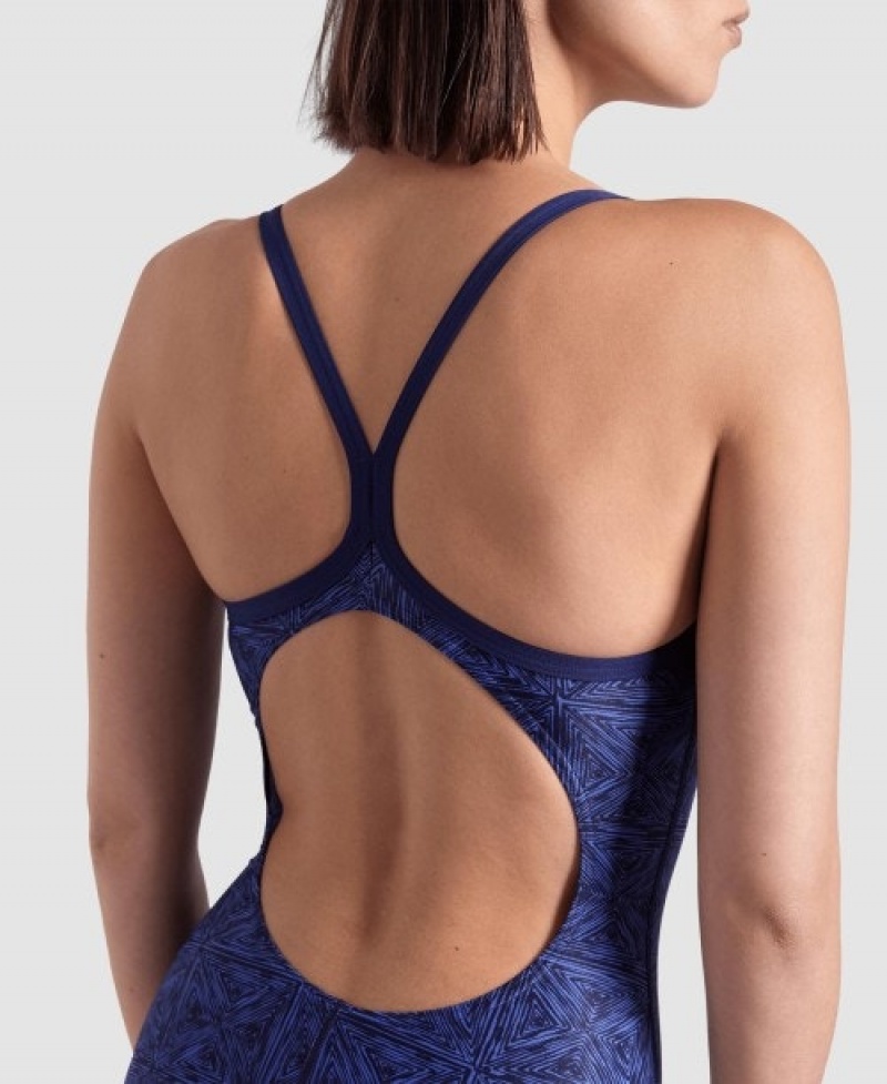 Navy Arena Abstract Tiles Light Drop Back Women's Swimsuits | 62705137