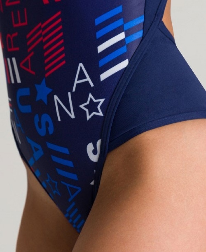 Navy Arena Blue USA Superfly Back Women's Swimsuits | 45551845