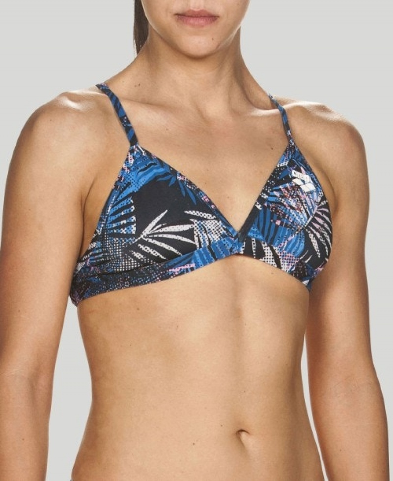 Navy Arena Floral Allover Tie Back Women's Bikini Tops | 98455516