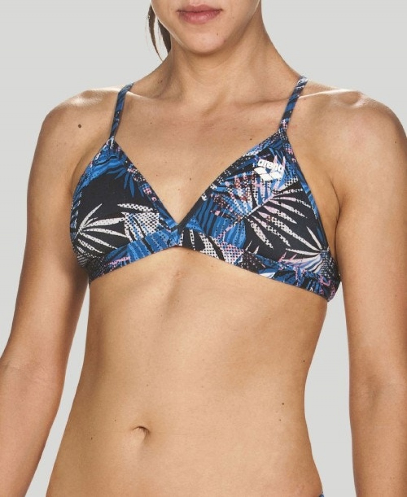 Navy Arena Floral Allover Tie Back Women's Bikini Tops | 98455516