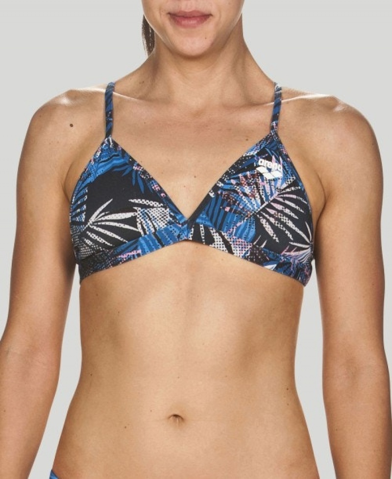 Navy Arena Floral Allover Tie Back Women's Bikini Tops | 98455516