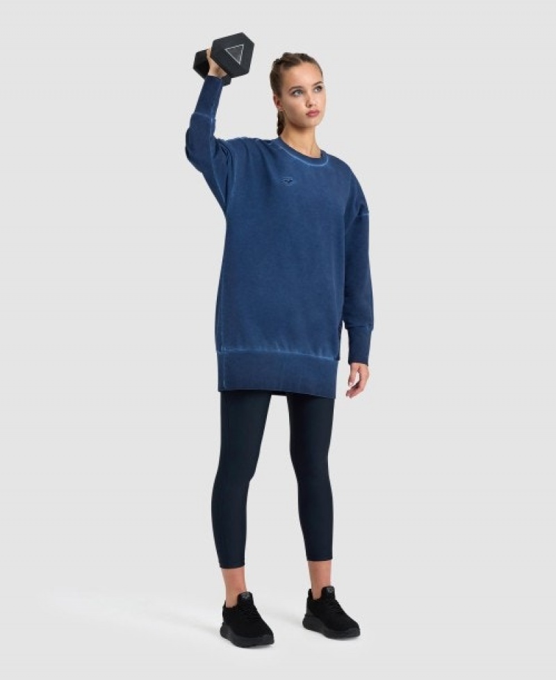 Navy Arena Icons Oversized Crewneck Women's Sweatshirts | 6660153