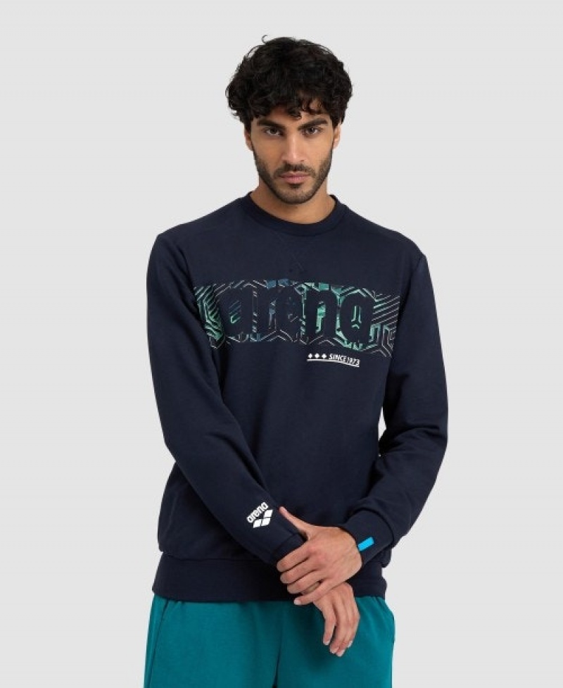 Navy Arena Logo Crewneck Men's Sweatshirts | 51682904