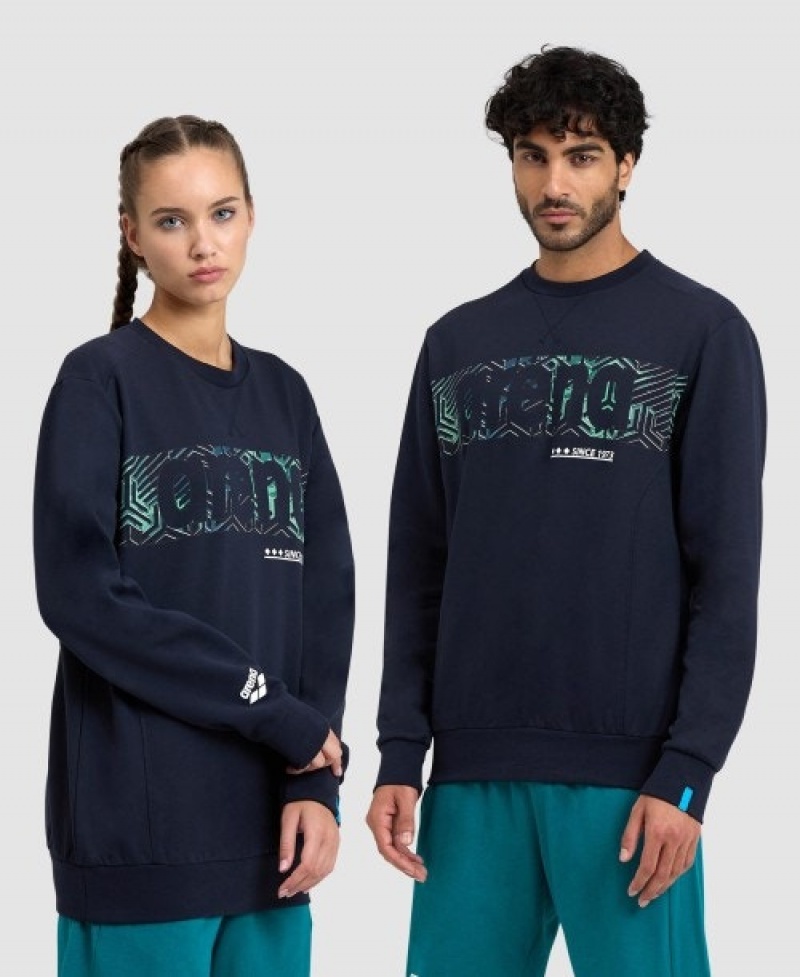 Navy Arena Logo Crewneck Men's Sweatshirts | 51682904