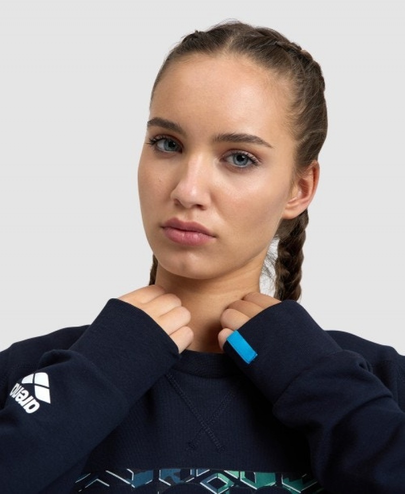 Navy Arena Logo Crewneck Women's Sweatshirts | 5059528