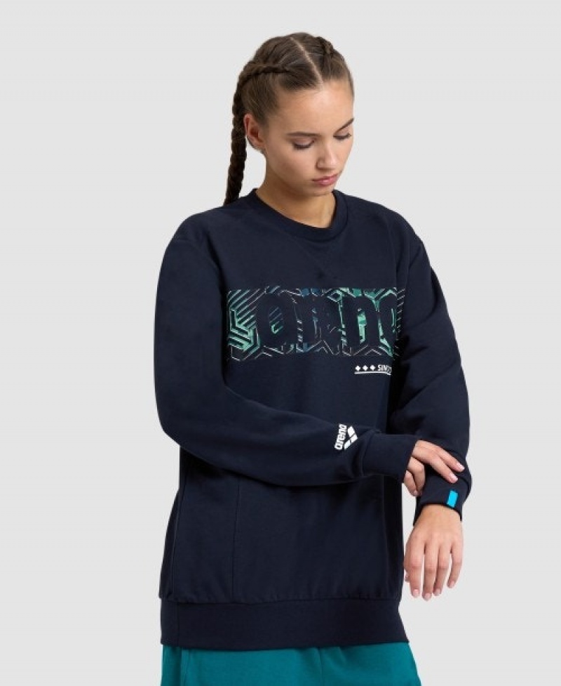 Navy Arena Logo Crewneck Women's Sweatshirts | 5059528