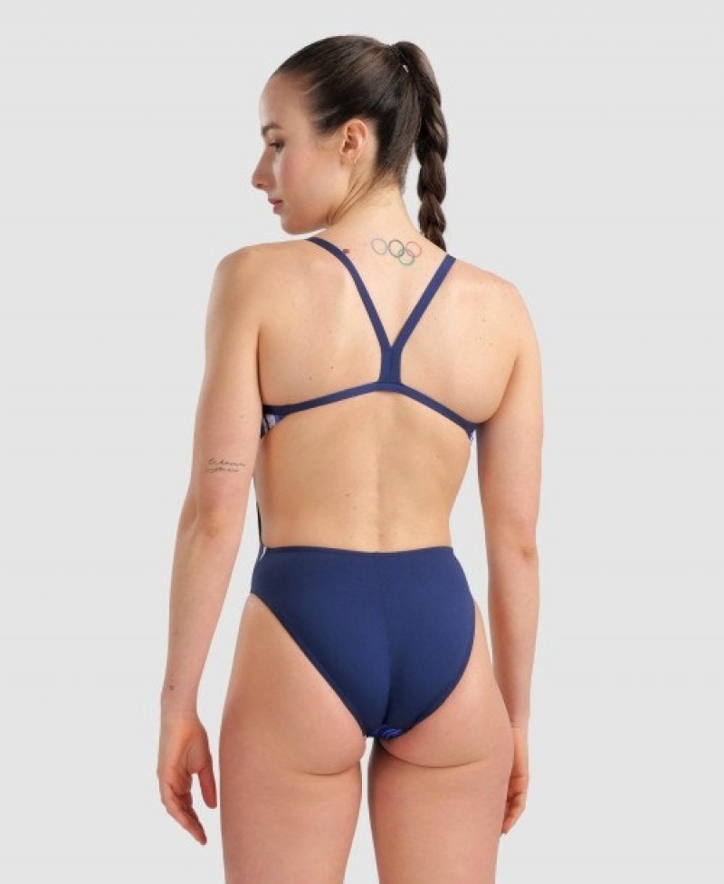 Navy Arena Marbled Challenge Back Women's Swimsuits | 35482283