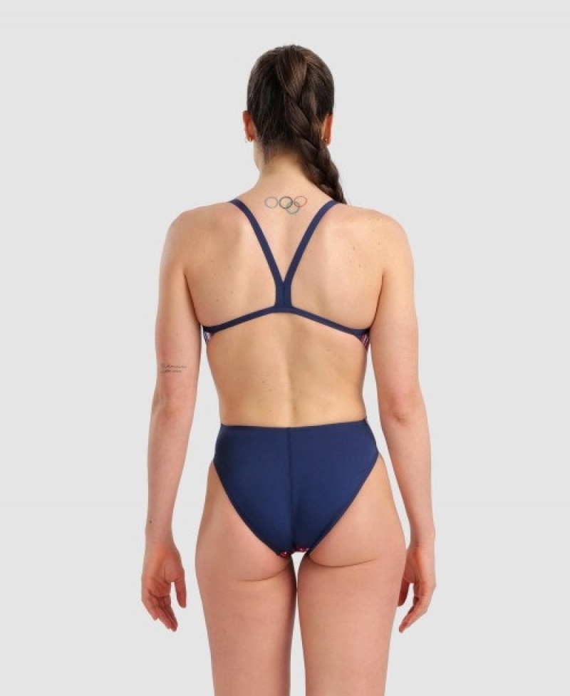 Navy Arena Marbled Challenge Back Women's Swimsuits | 35482283