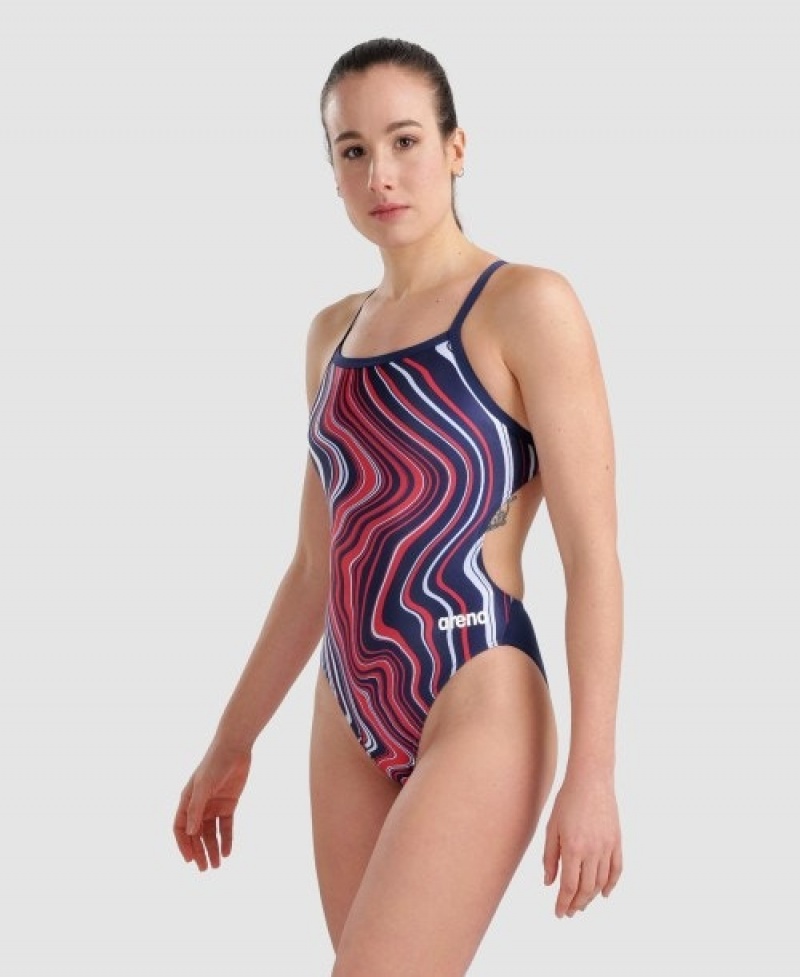 Navy Arena Marbled Challenge Back Women's Swimsuits | 42592501