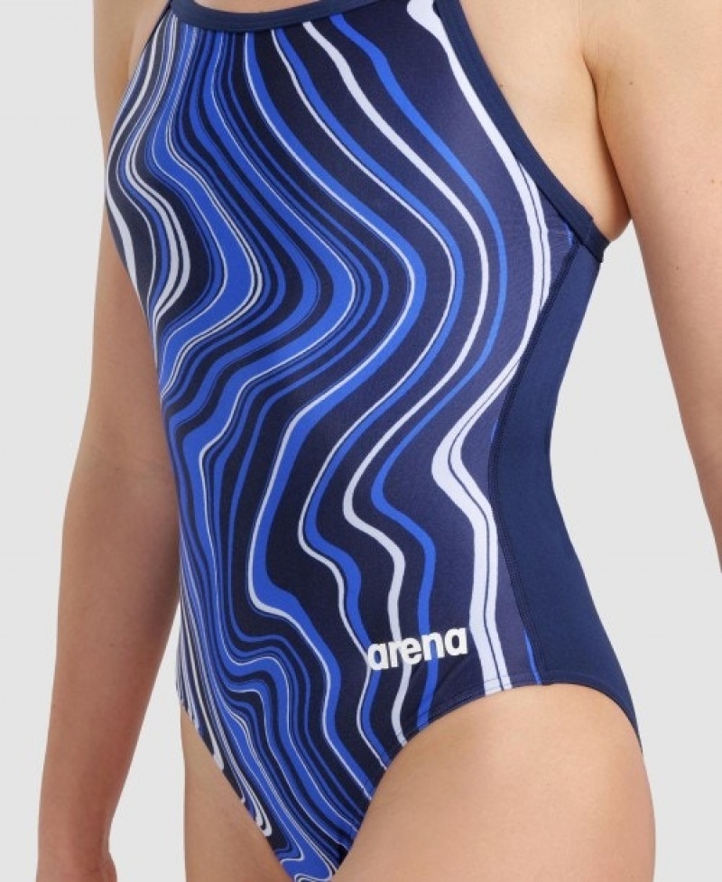 Navy Arena Marbled Lightdrop Back Women's Swimsuits | 97787094