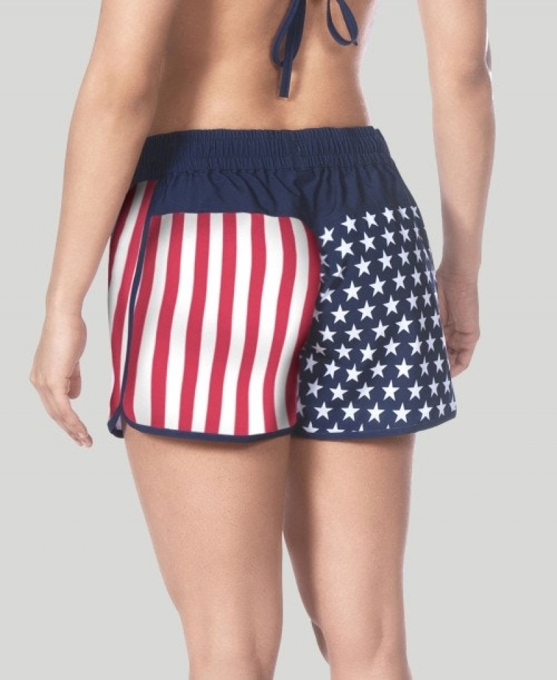 Navy Arena Official USA Swimming National Team Flag Print Women's Shorts | 86182218