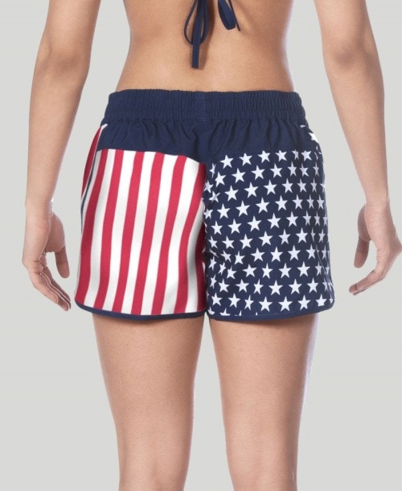 Navy Arena Official USA Swimming National Team Flag Print Women's Shorts | 86182218