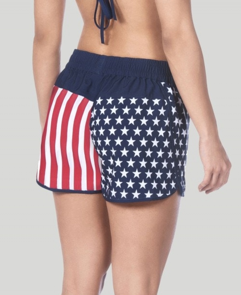 Navy Arena Official USA Swimming National Team Flag Print Women's Shorts | 86182218