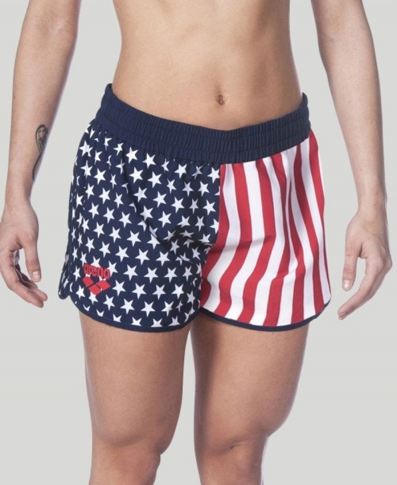 Navy Arena Official USA Swimming National Team Flag Print Women's Shorts | 86182218