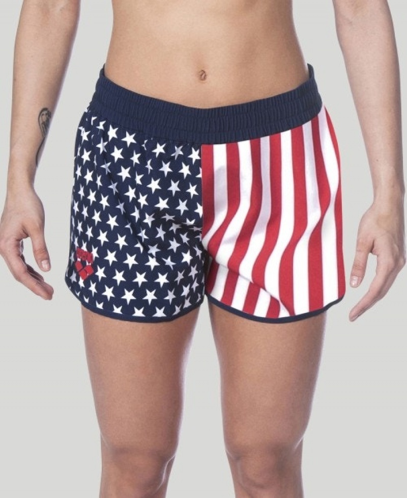 Navy Arena Official USA Swimming National Team Flag Print Women's Shorts | 86182218