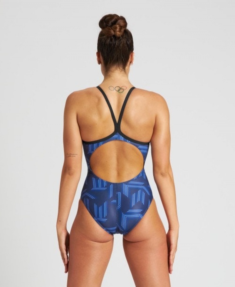 Navy Arena Puzzled Light Drop Back Women's Swimsuits | 66376674