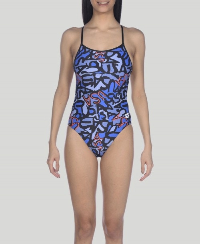 Navy Arena USA Allover Booster Back Women's Swimsuits | 70287978