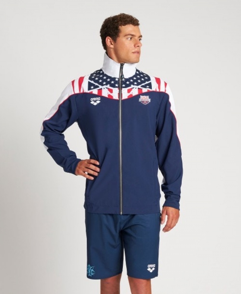 Navy Arena USA Swimming Team Kit Warm Up Men's Jackets | 44165597