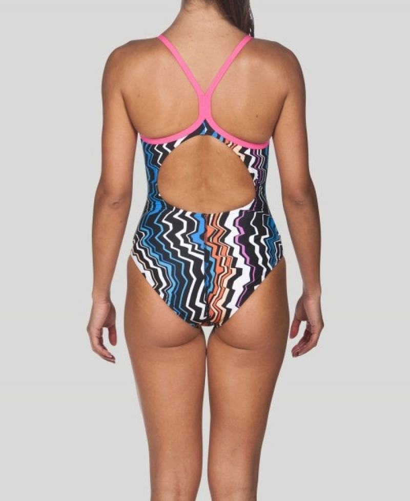 Navy Arena Zig Zag Light Drop Back Women's Swimsuits | 61998394