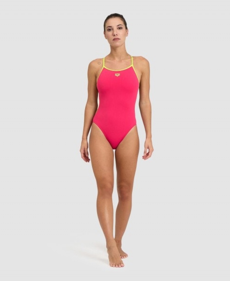 Pink Arena Solid Lace Back Women's Swimsuits | 49182974