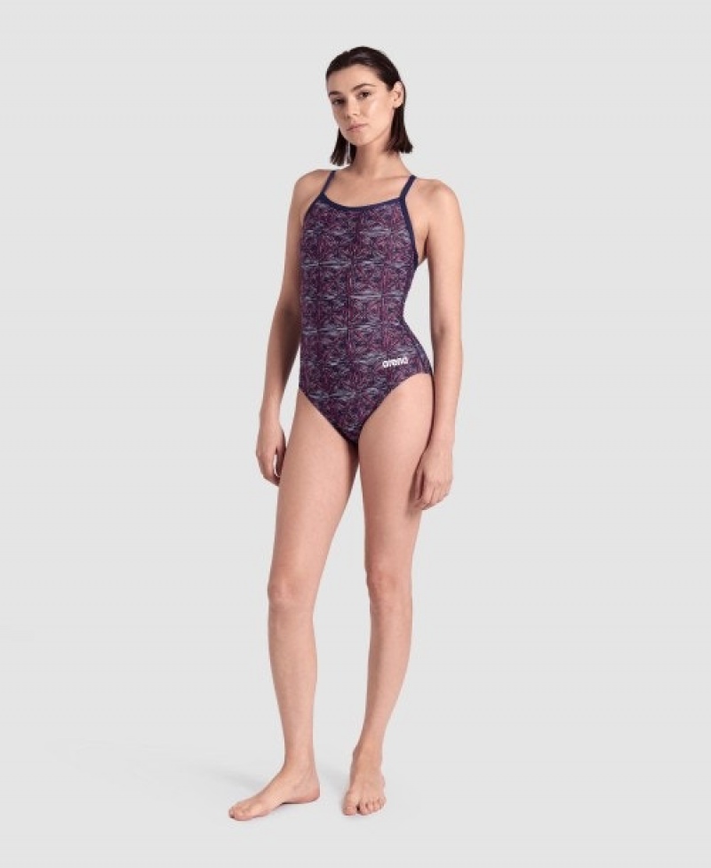 Purple Arena Abstract Tiles Light Drop Back Women's Swimsuits | 17441795