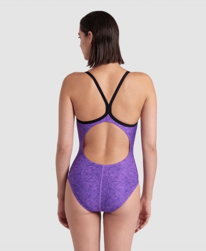 Purple Arena Abstract Tiles Light Drop Back Women's Swimsuits | 68669681