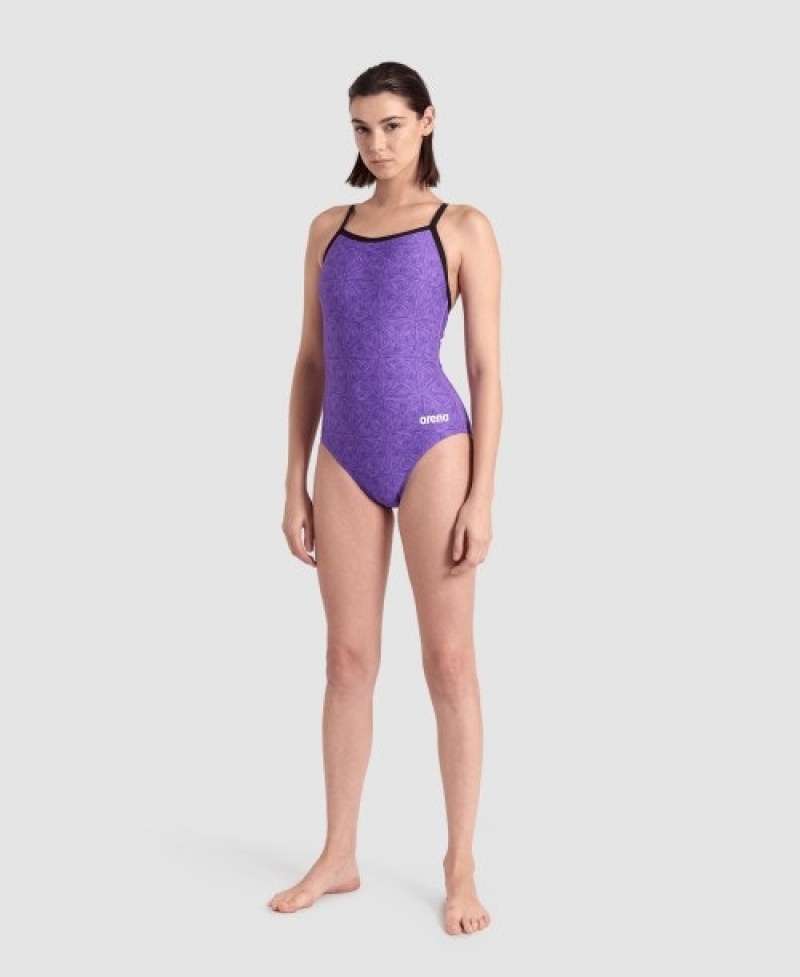 Purple Arena Abstract Tiles Light Drop Back Women's Swimsuits | 68669681