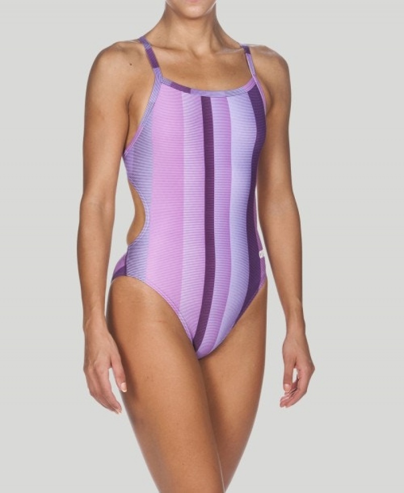 Purple Arena Blended Stripe Challenge Back Women's Swimsuits | 18302611