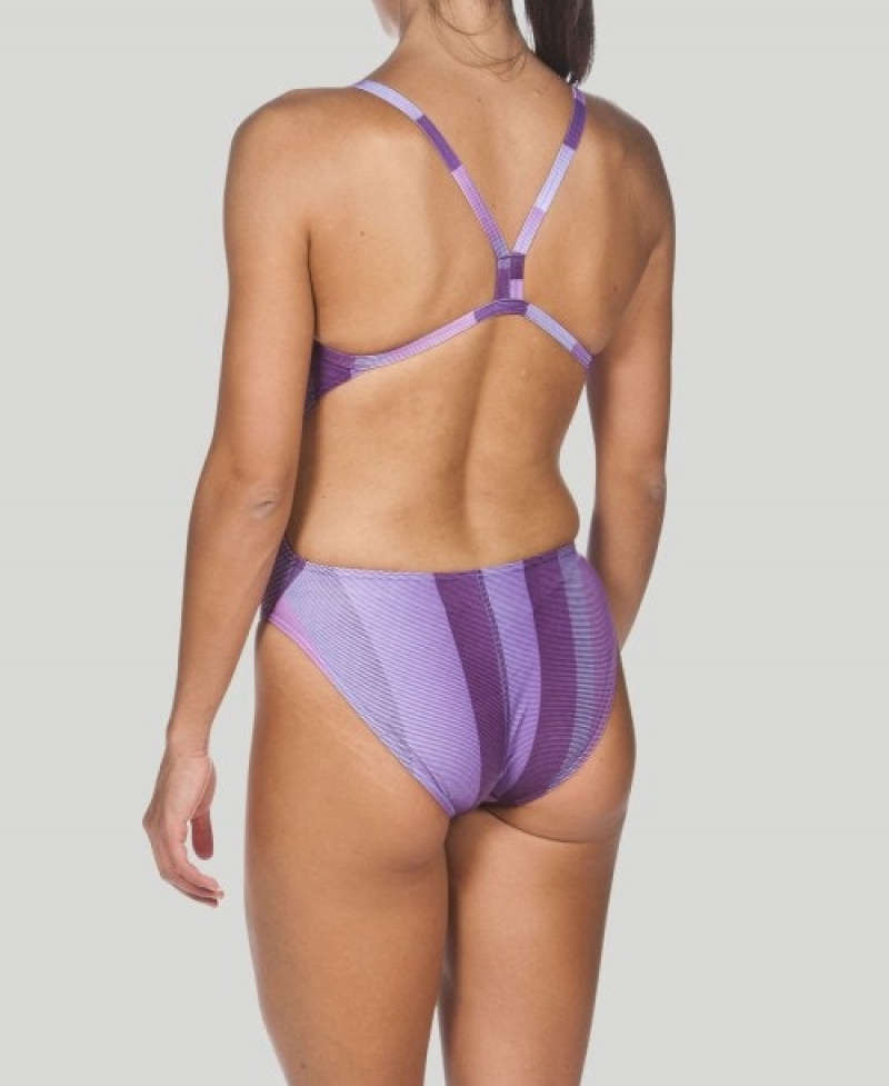 Purple Arena Blended Stripe Challenge Back Women's Swimsuits | 18302611