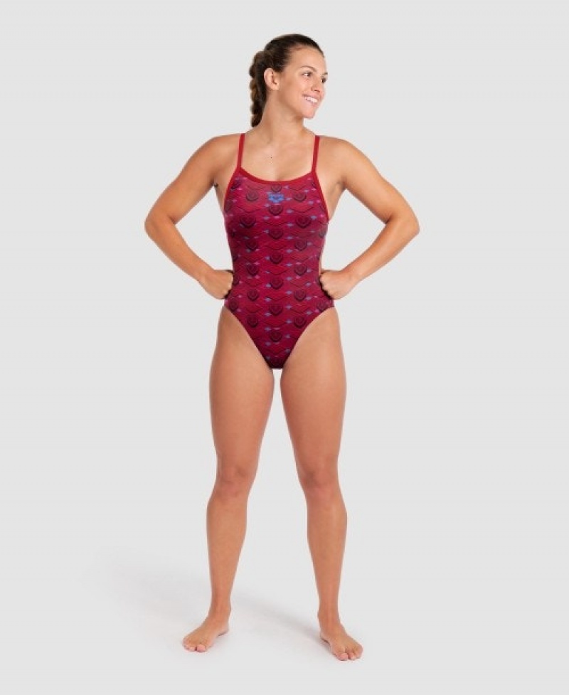 Red Arena Hearts Print Of The Month Challenge Back Women's Swimsuits | 59158523