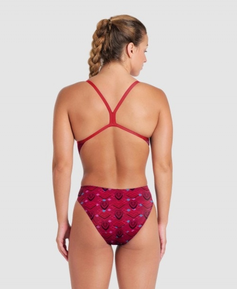 Red Arena Hearts Print Of The Month Challenge Back Women's Swimsuits | 59158523