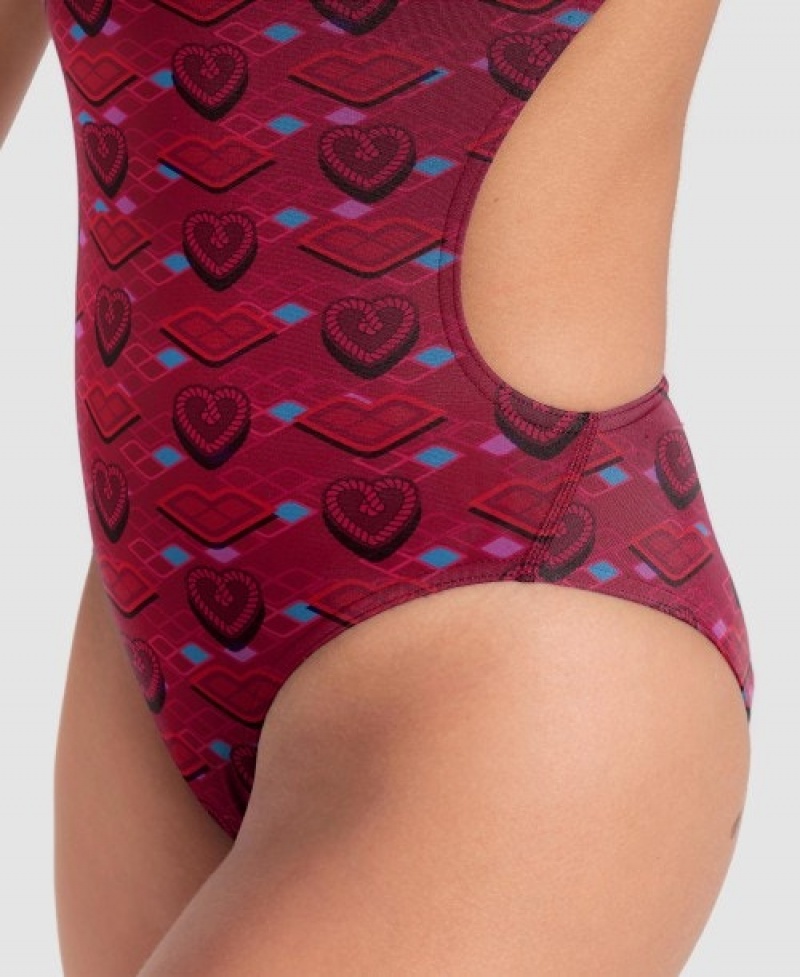 Red Arena Hearts Print Of The Month Challenge Back Women's Swimsuits | 59158523