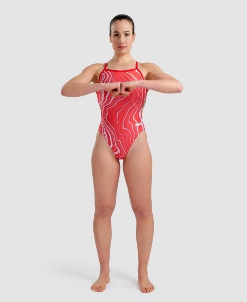 Red Arena Marbled Challenge Back Women's Swimsuits | 89112048