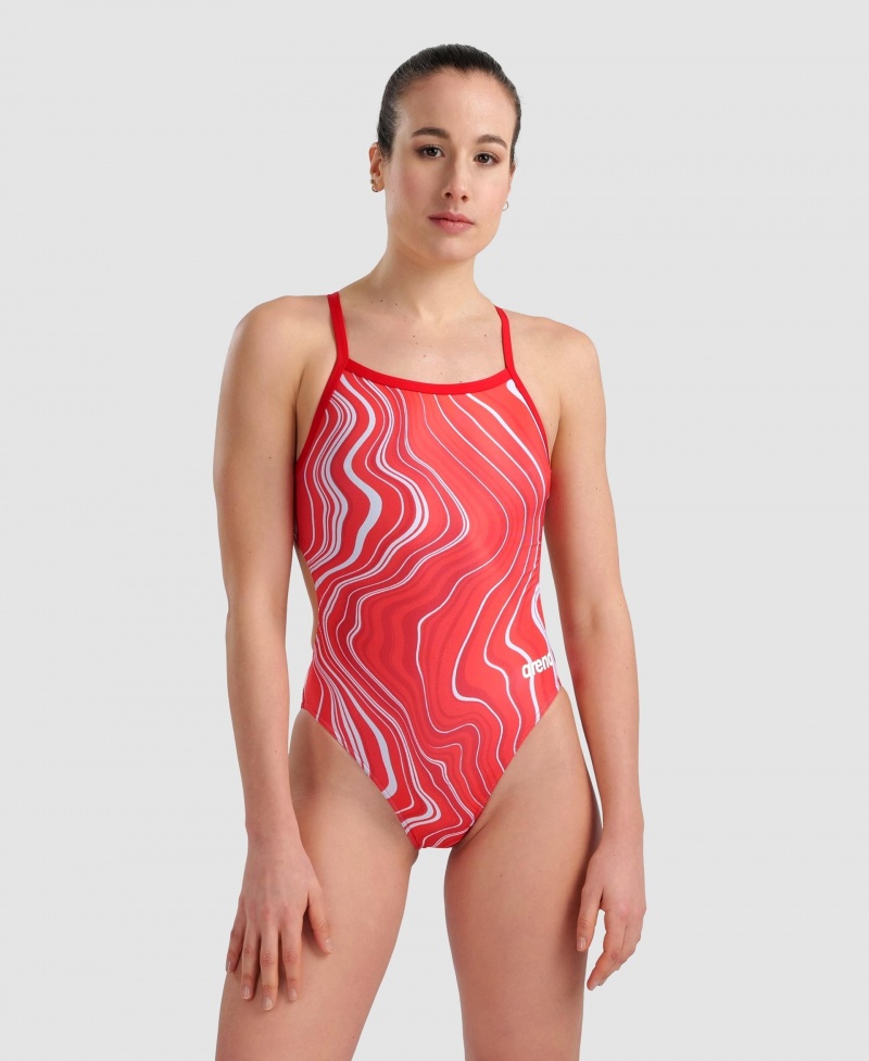 Red Arena Marbled Challenge Back Women\'s Swimsuits | 89112048