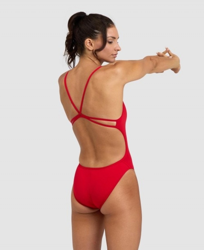 Red Arena Solid Lace Back Women's Swimsuits | 61215252