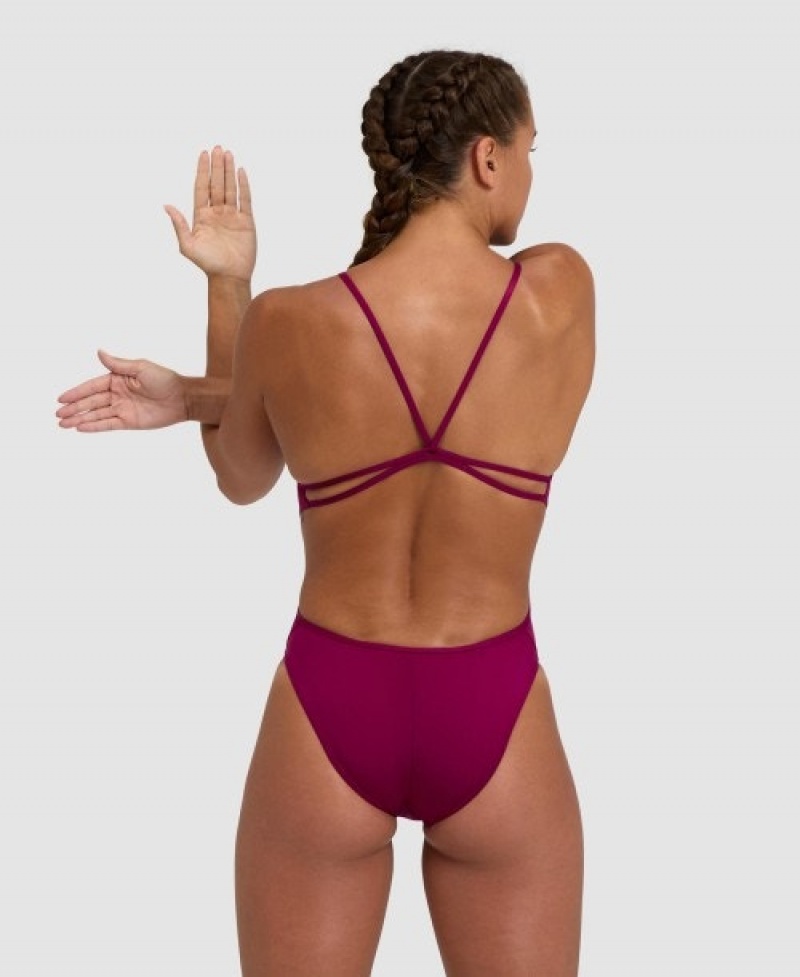 Red Arena Solid Lace Back Women's Swimsuits | 51672918