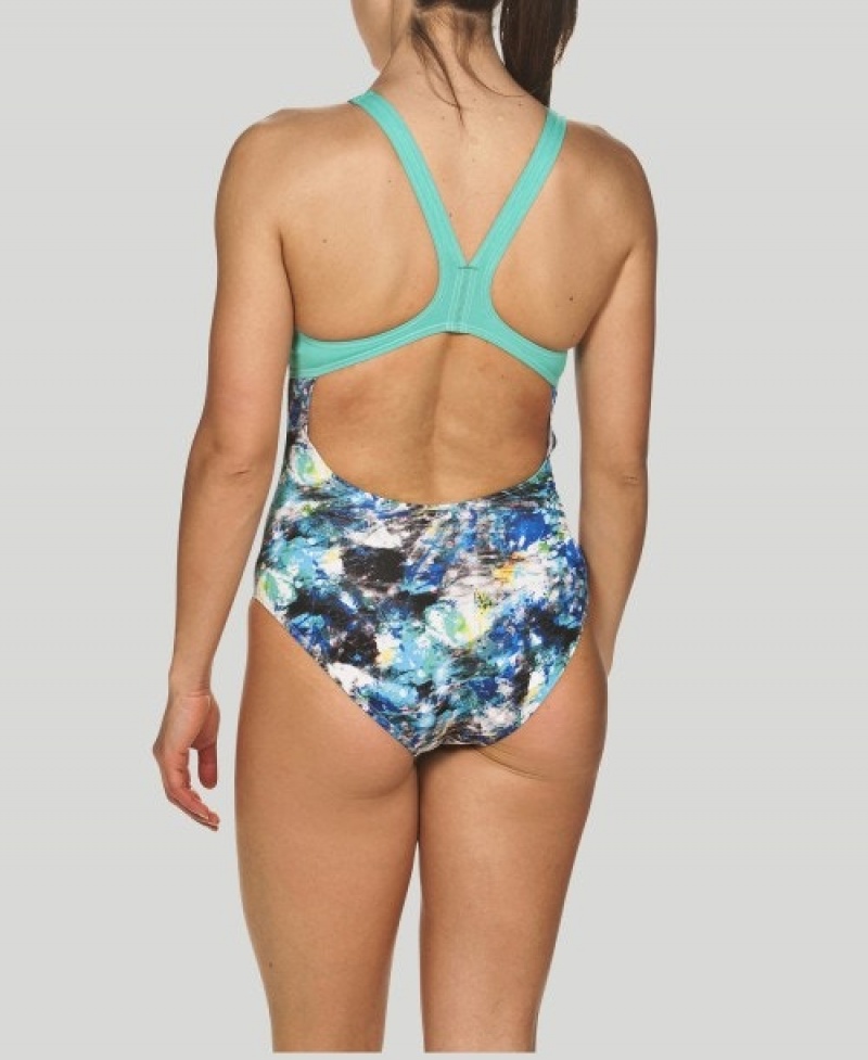 Turquoise Arena Floral Dots Swim Pro Back Women's Swimsuits | 48812214