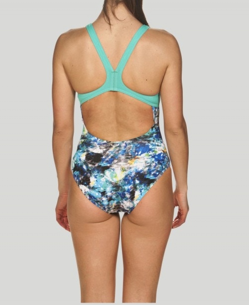 Turquoise Arena Floral Dots Swim Pro Back Women's Swimsuits | 48812214