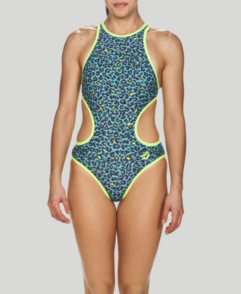 Turquoise Arena Theleopard Print Women's Swimsuits | 79118108