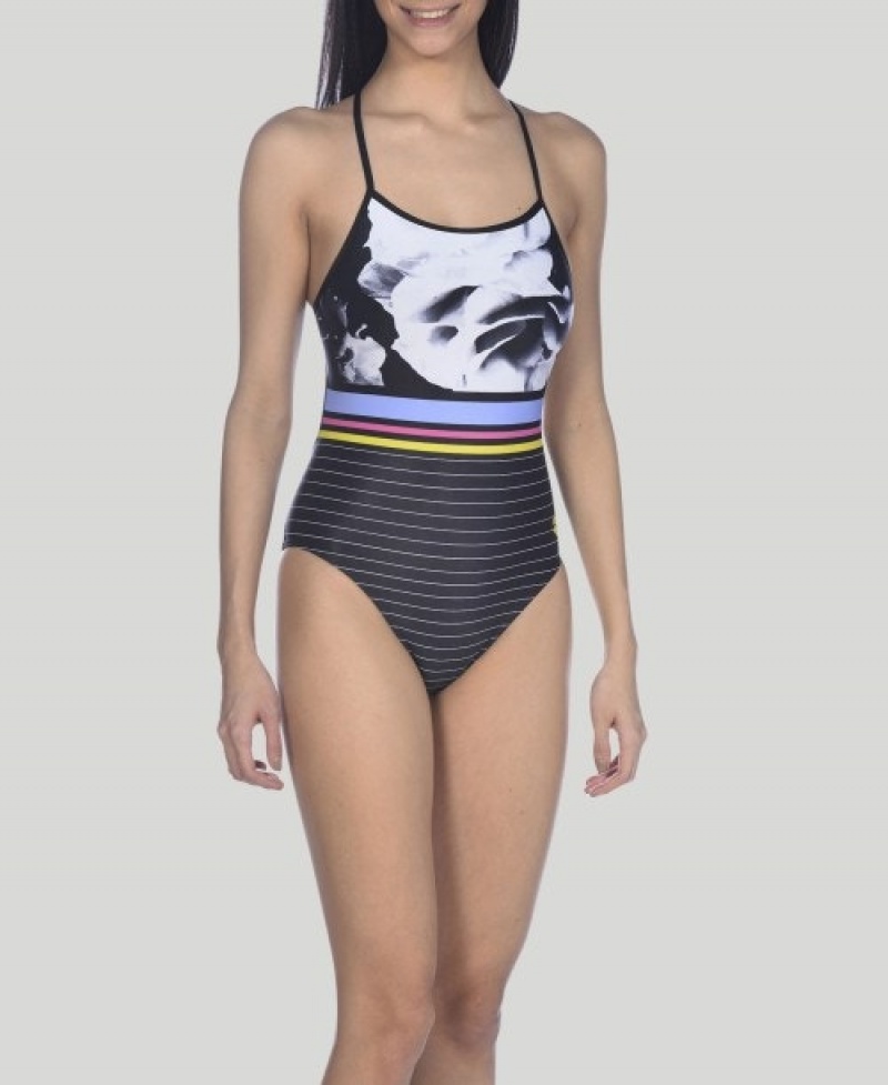 White Arena Dark Floral Stripes Accelerate Back Women's Swimsuits | 17813479